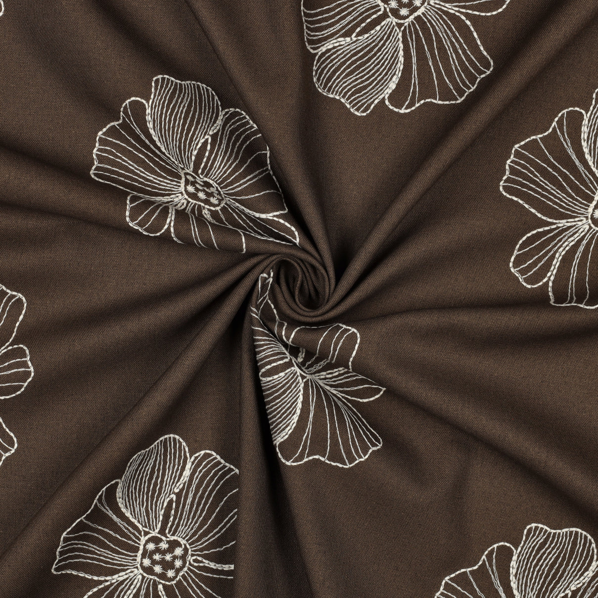 Drapey Linen Viscose Embroidered Flowers - Mocha