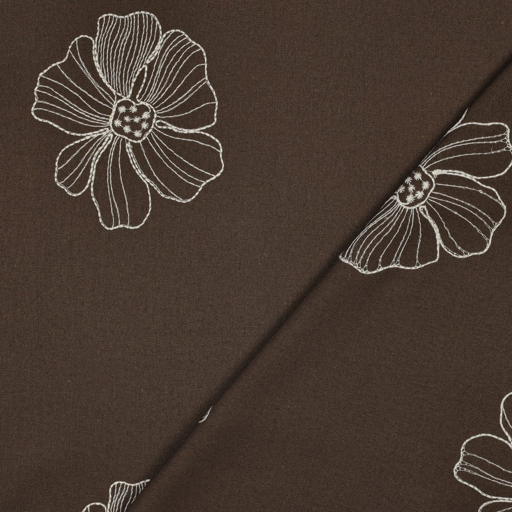 Drapey Linen Viscose Embroidered Flowers - Mocha