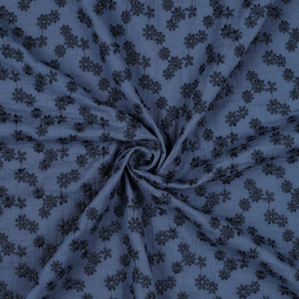 Embroidered Double Gauze - Petite Blue