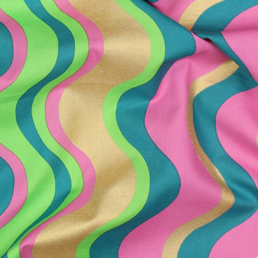 Light Cotton Poplin - Wavy Foil Stripes (Green)