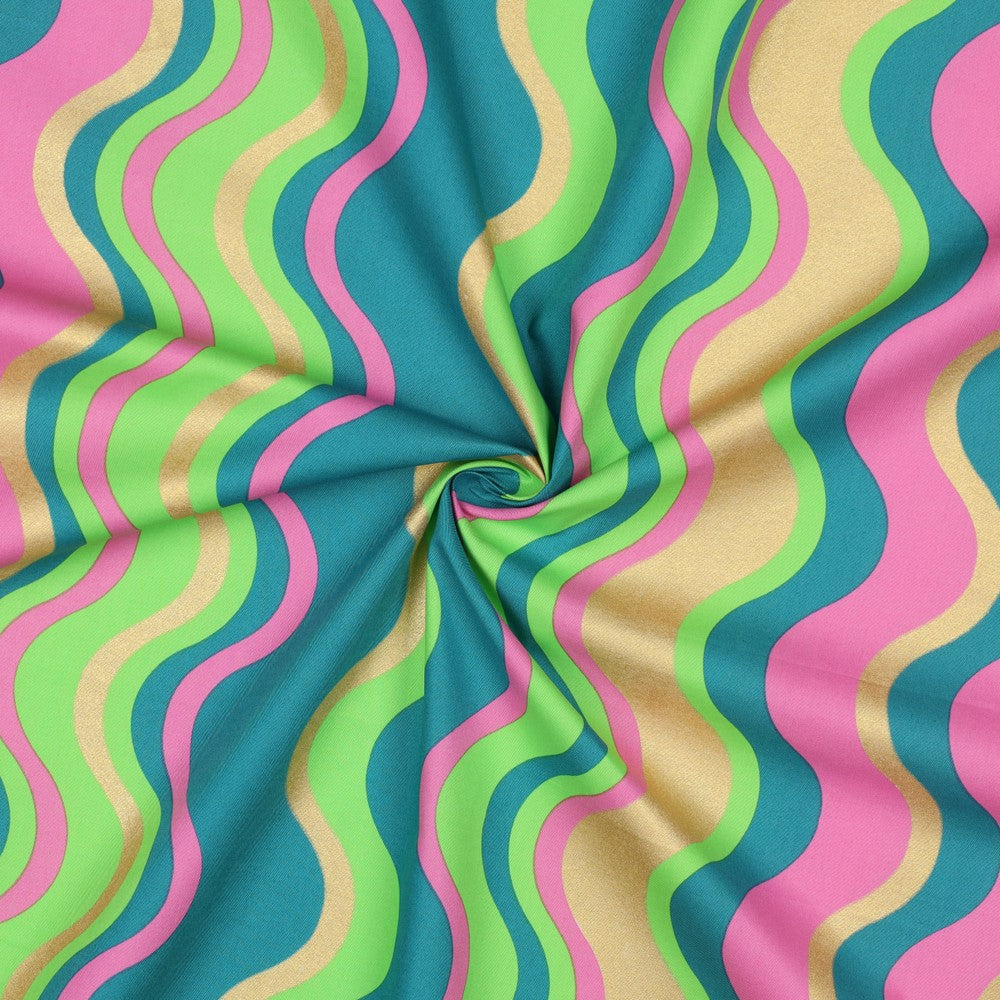 Light Cotton Poplin - Wavy Foil Stripes (Green)