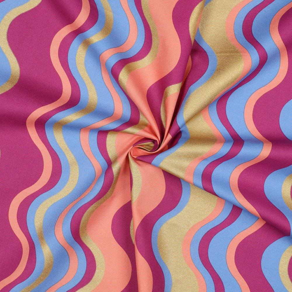 Light Cotton Poplin - Wavy Foil Stripes (Blue)