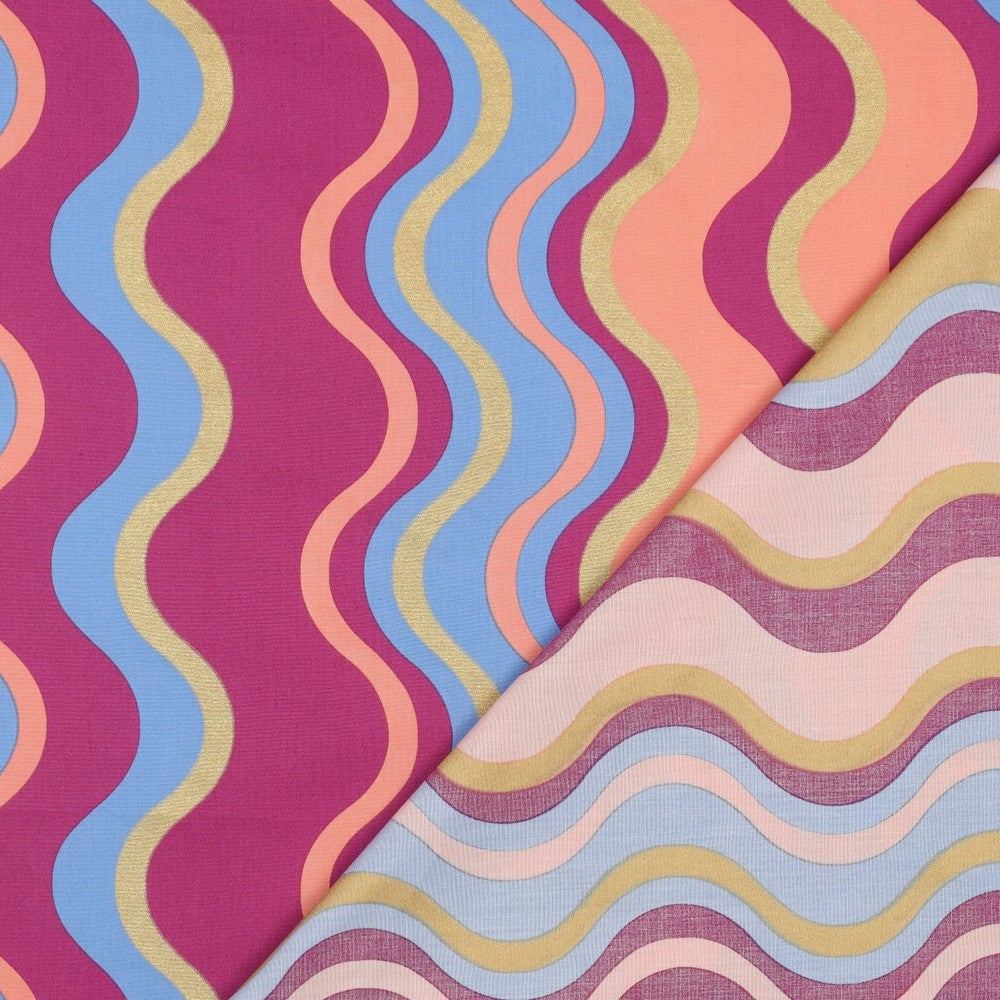 Light Cotton Poplin - Wavy Foil Stripes (Blue)