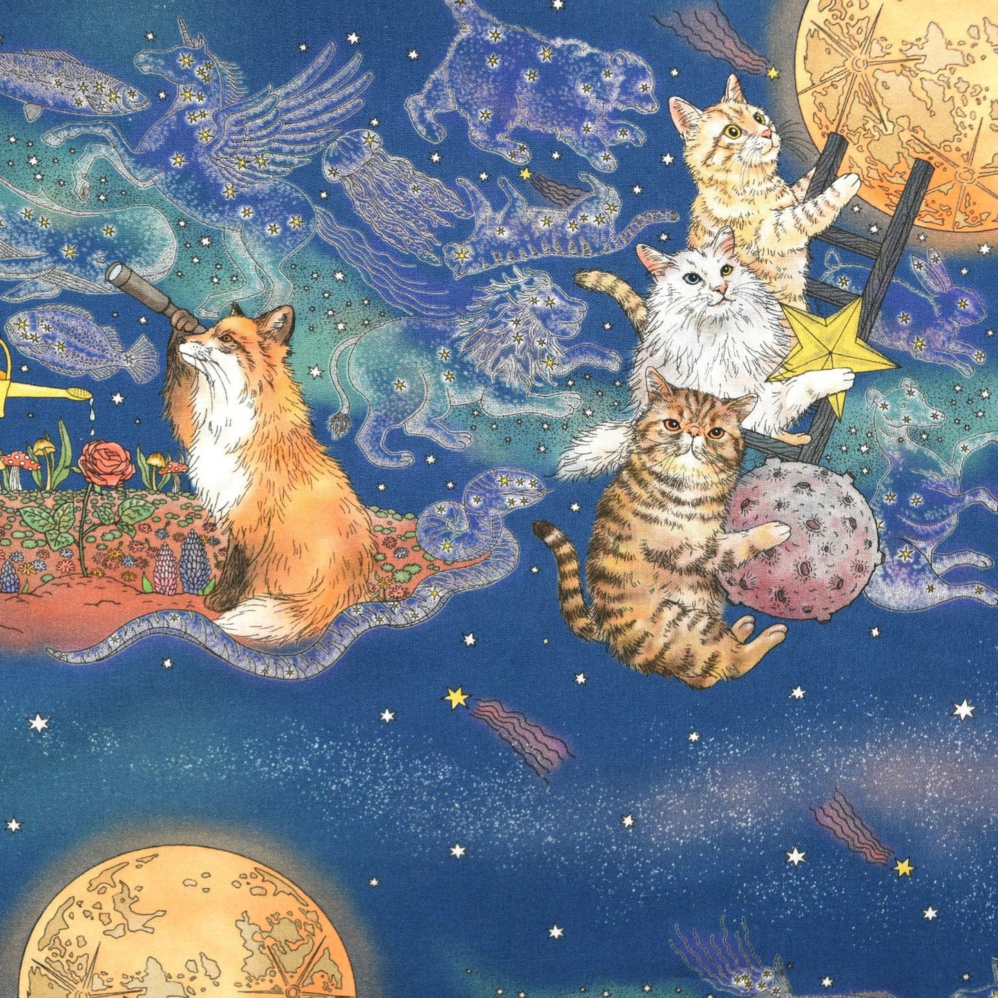 Kokka - 365 Cat Art Moonlight Cat Cotton Sheeting