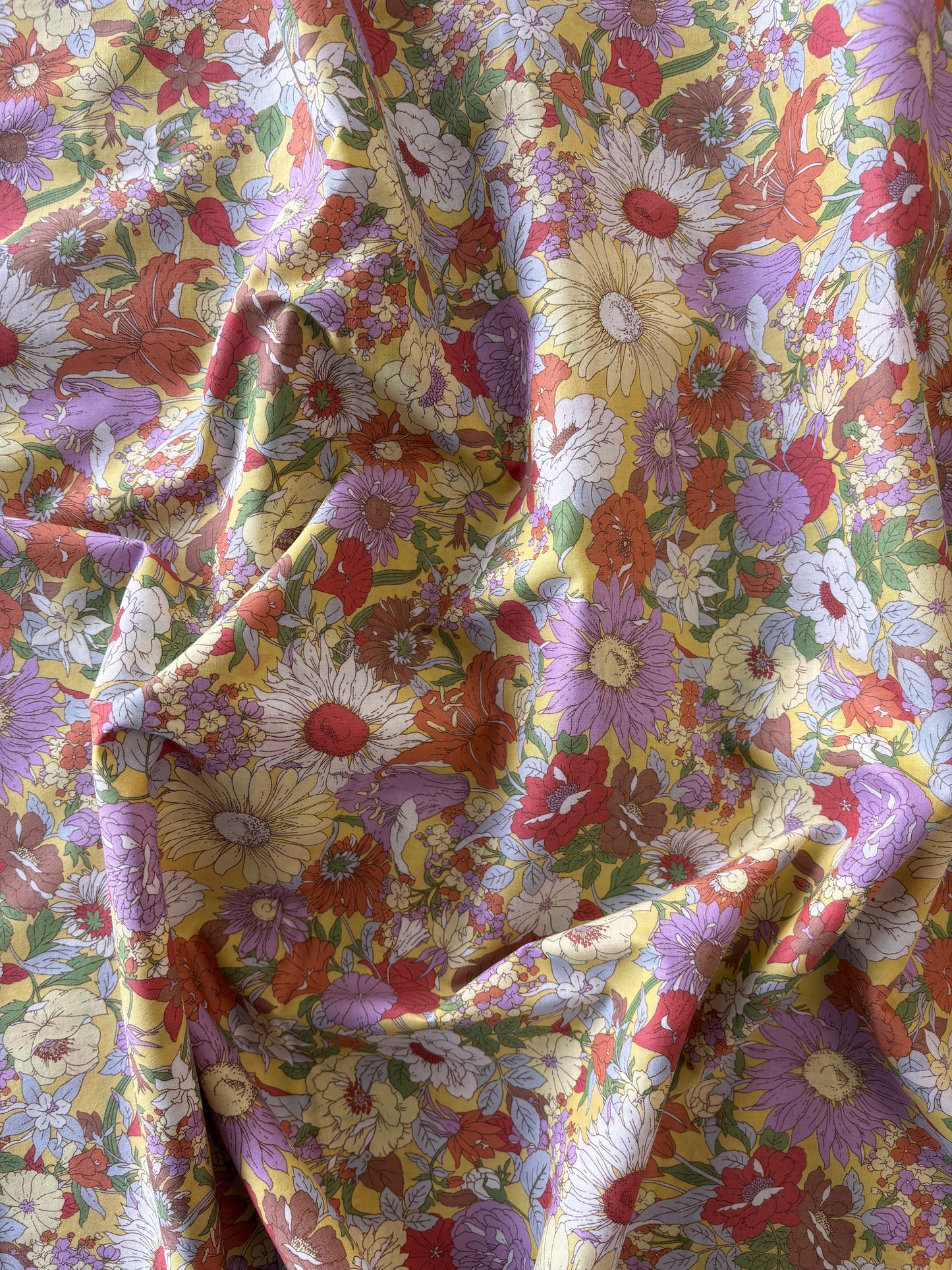 Kokka - Yellow Retro Floral Cotton Lawn
