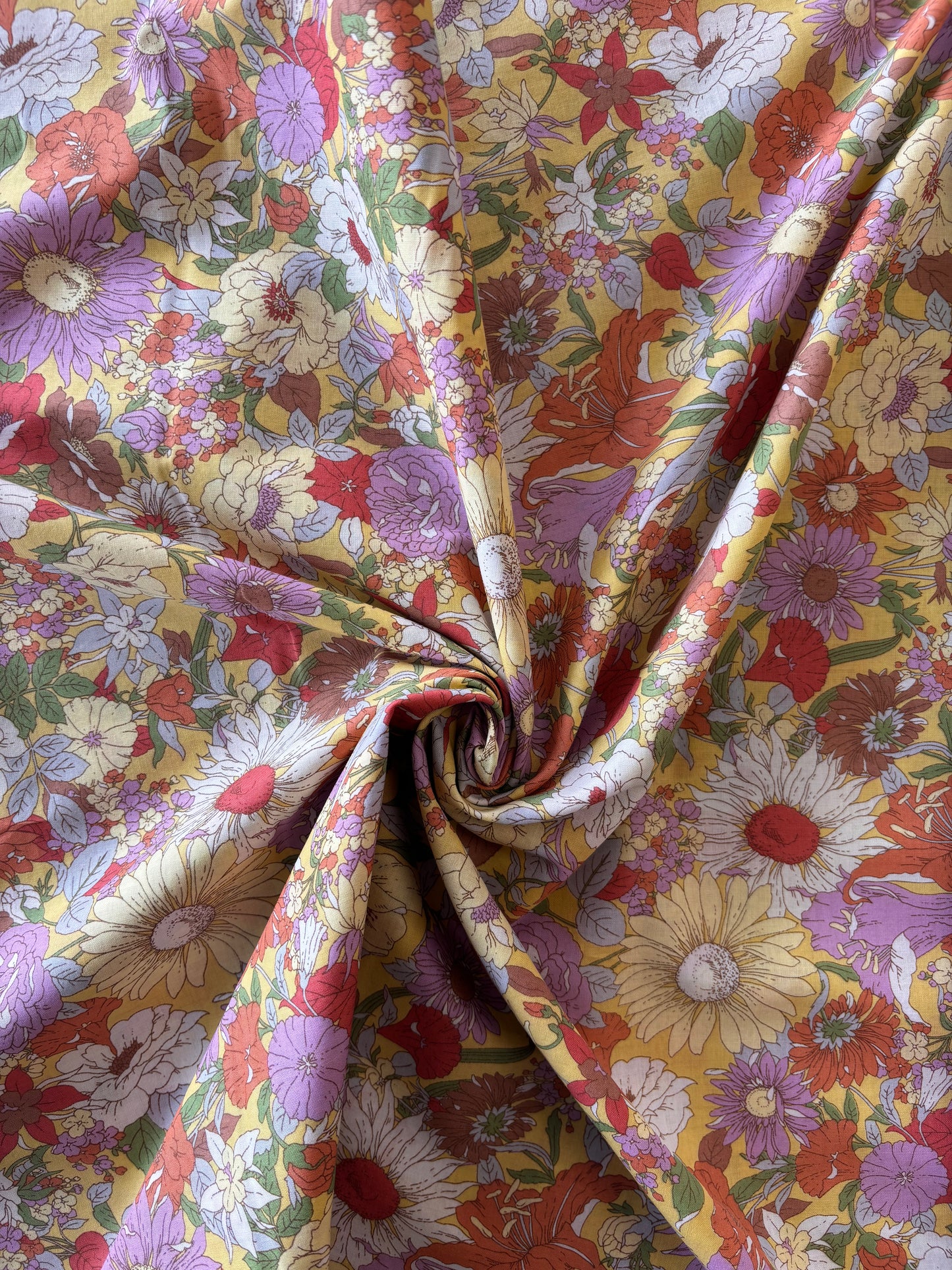 Kokka - Yellow Retro Floral Cotton Lawn