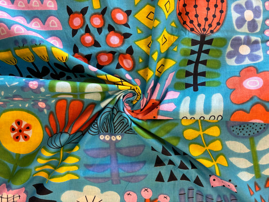 Indian Cotton Print - Blue Funky Flowers