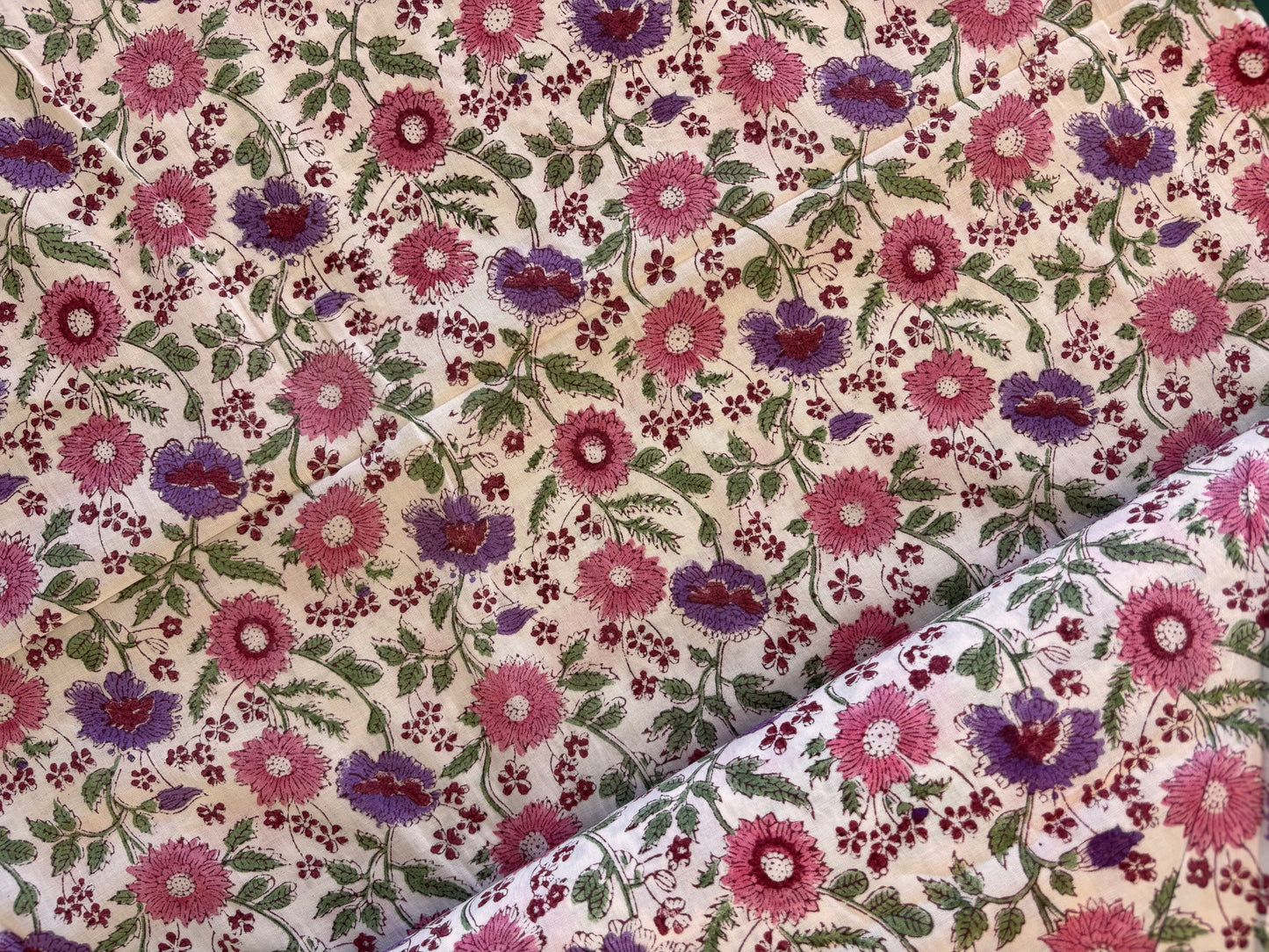 Indian Block Print - Pink & Purple Flowers on White