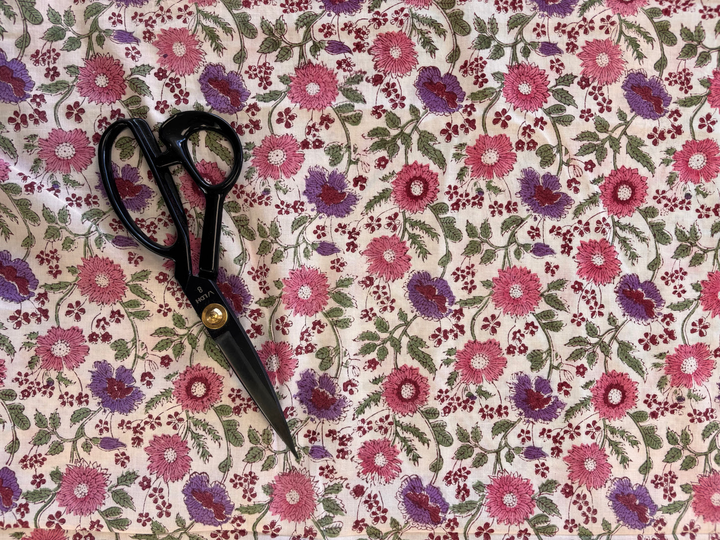 Indian Block Print - Pink & Purple Flowers on White