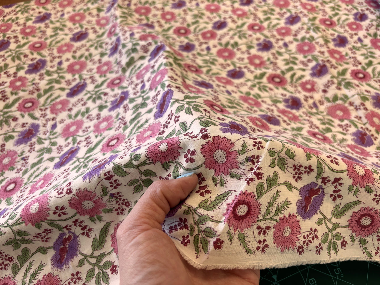 Indian Block Print - Pink & Purple Flowers on White