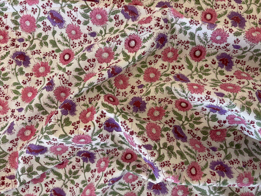 Indian Block Print - Pink & Purple Flowers on White