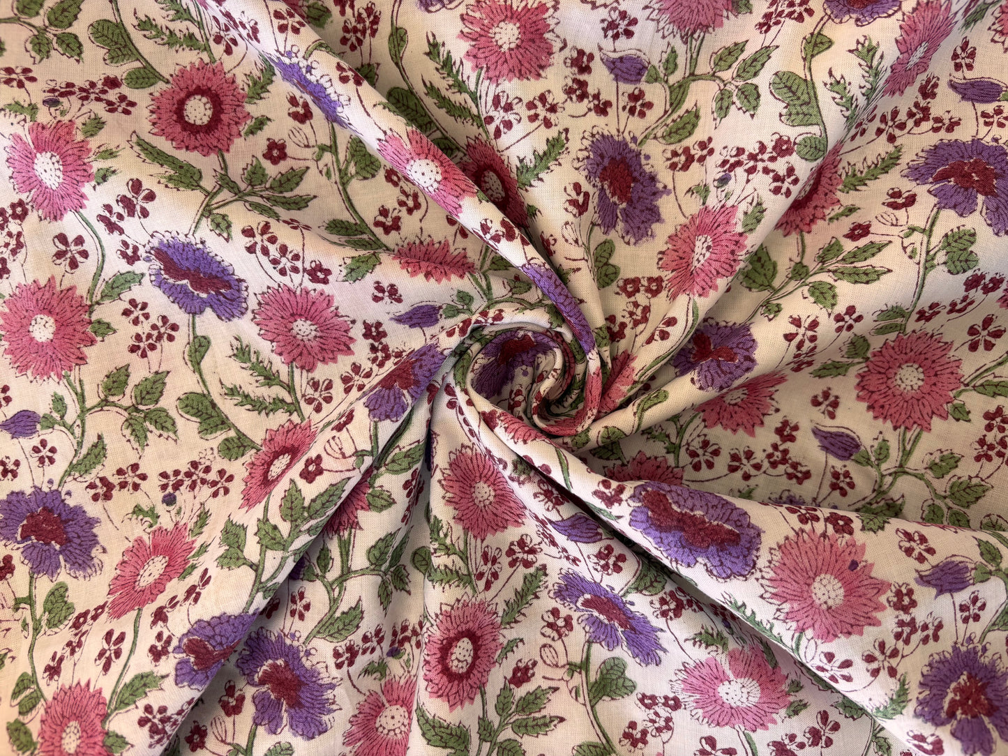 Indian Block Print - Pink & Purple Flowers on White