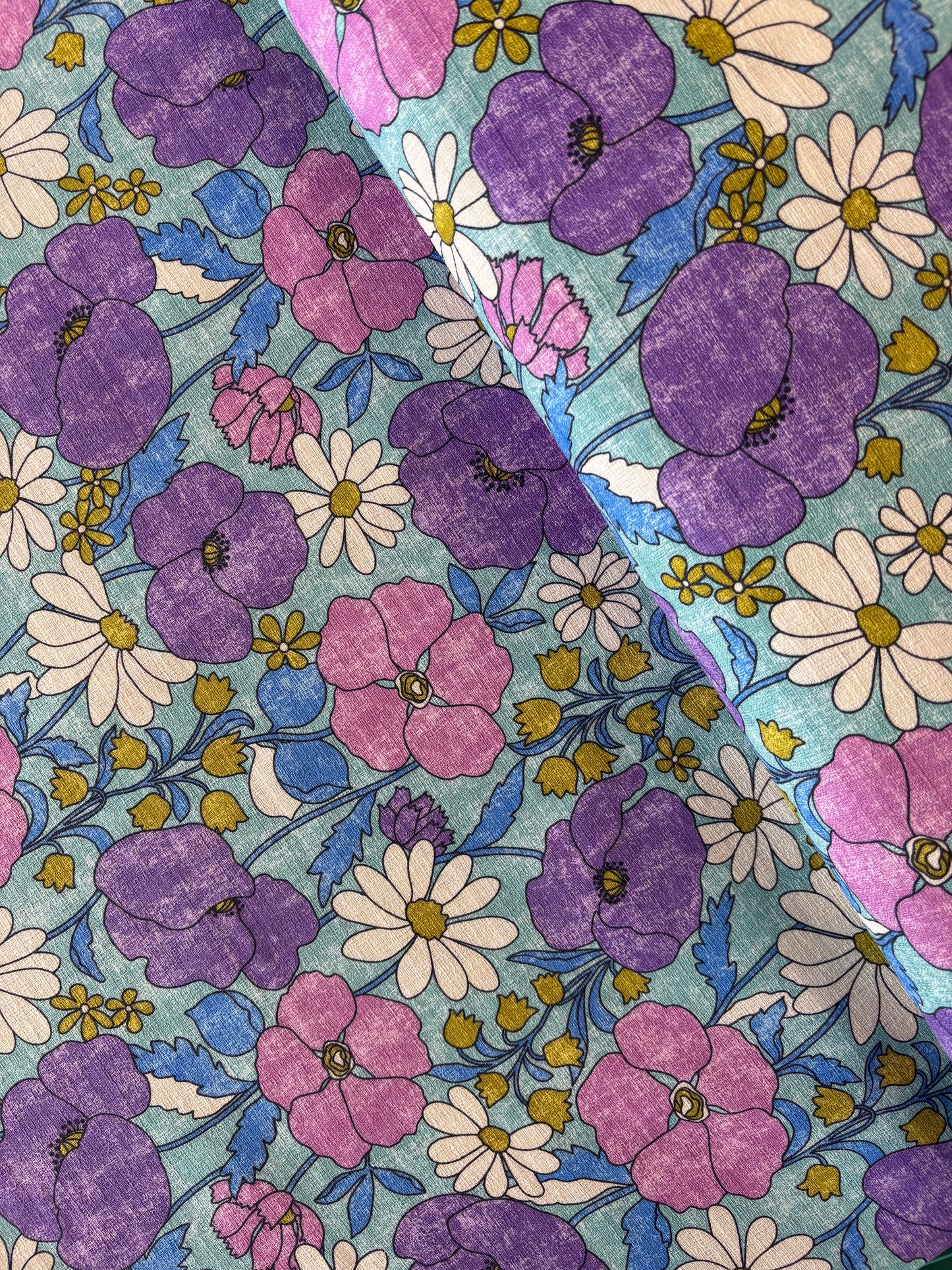 Kokka - Retro Blooms Cotton Barkcloth (Blue)