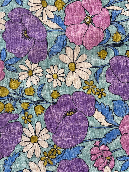 Kokka - Retro Blooms Cotton Barkcloth (Blue)