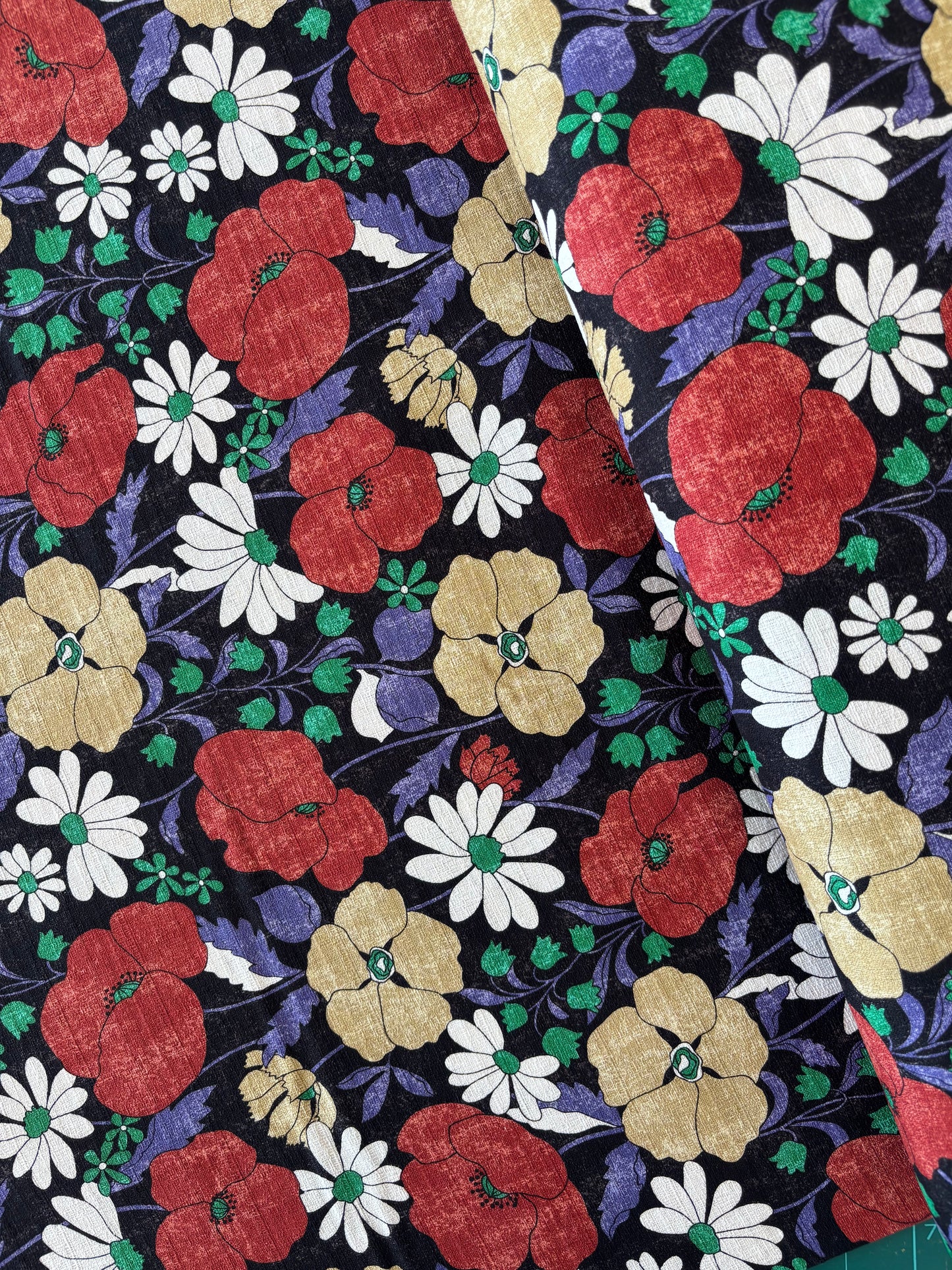 Kokka - Retro Blooms Cotton Barkcloth (Black)