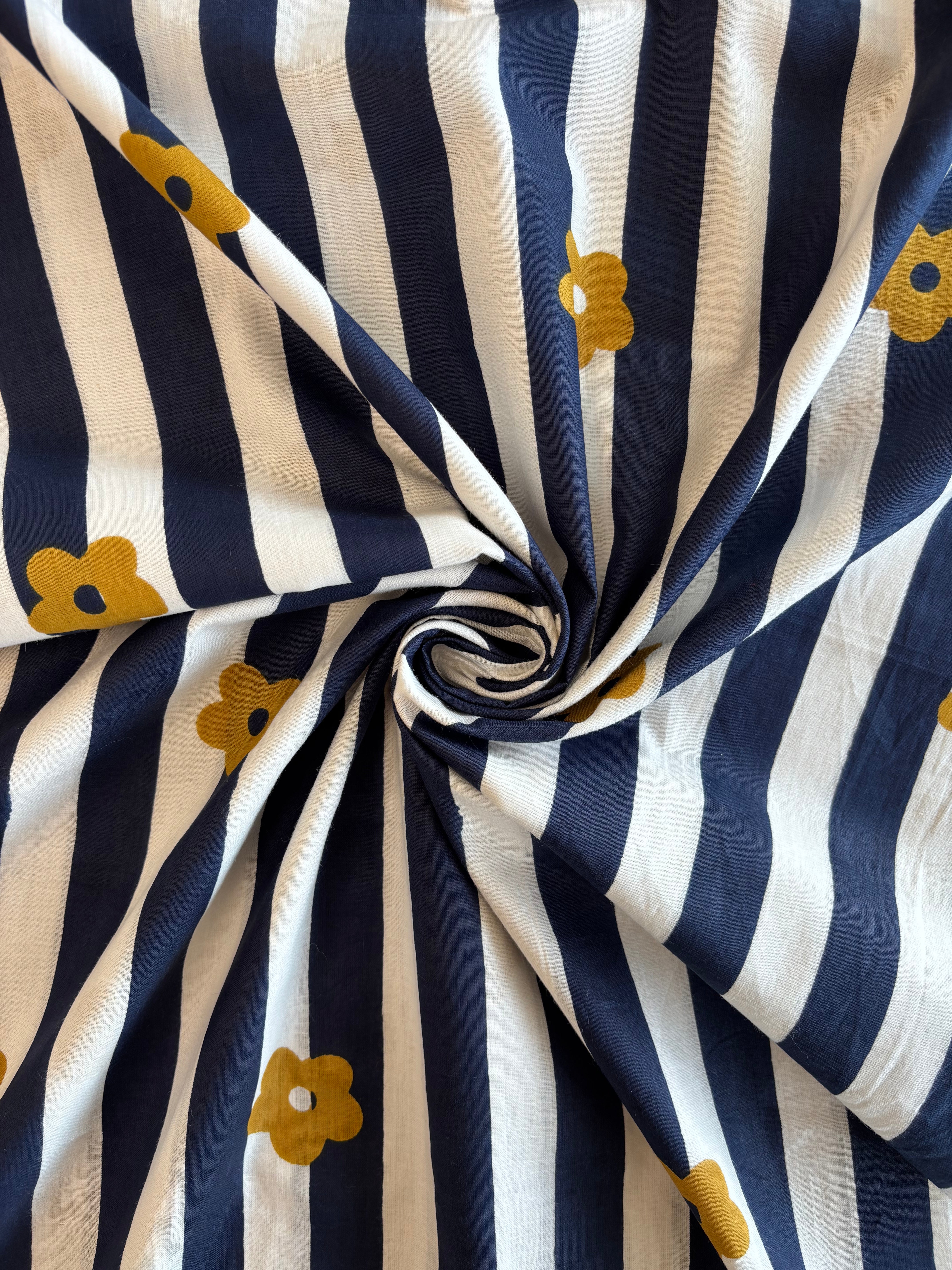 Indian Block Print - Navy Floral Stripe