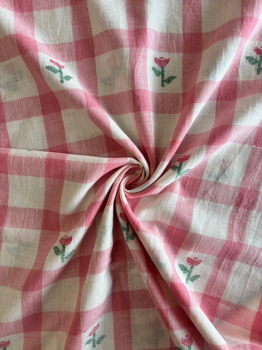Jamdani Handloom Cotton - Pink Floral Check