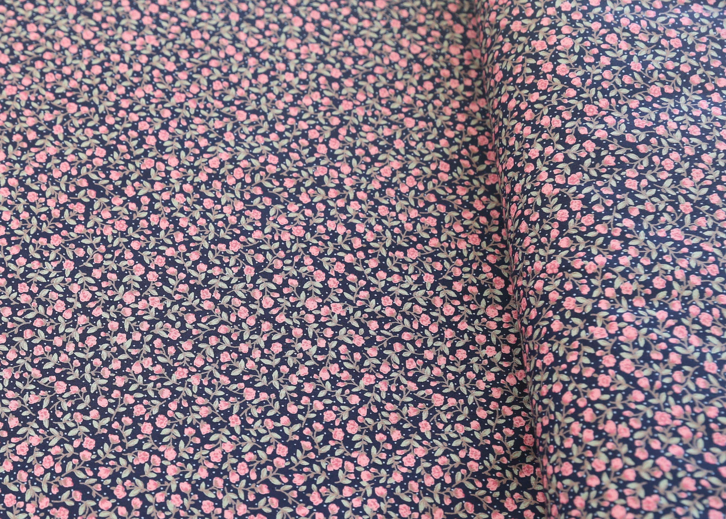 Deadstock Cotton Sateen Ditsy Floral - Pink on Navy