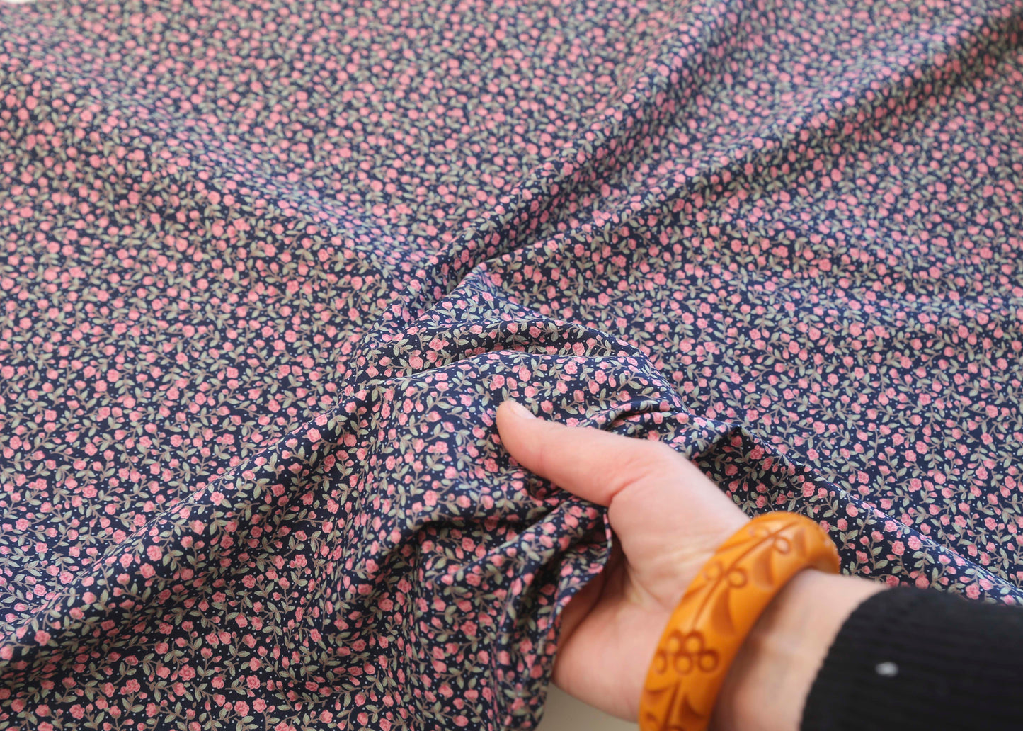 Deadstock Cotton Sateen Ditsy Floral - Pink on Navy