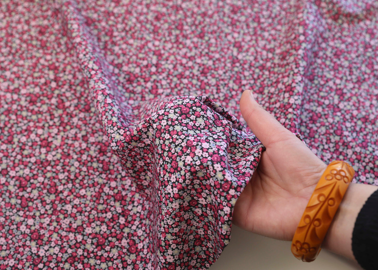 Deadstock Cotton Sateen Ditsy Floral - Pink on Black