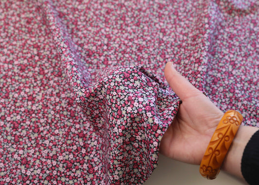 Deadstock Cotton Sateen Ditsy Floral - Pink on Black
