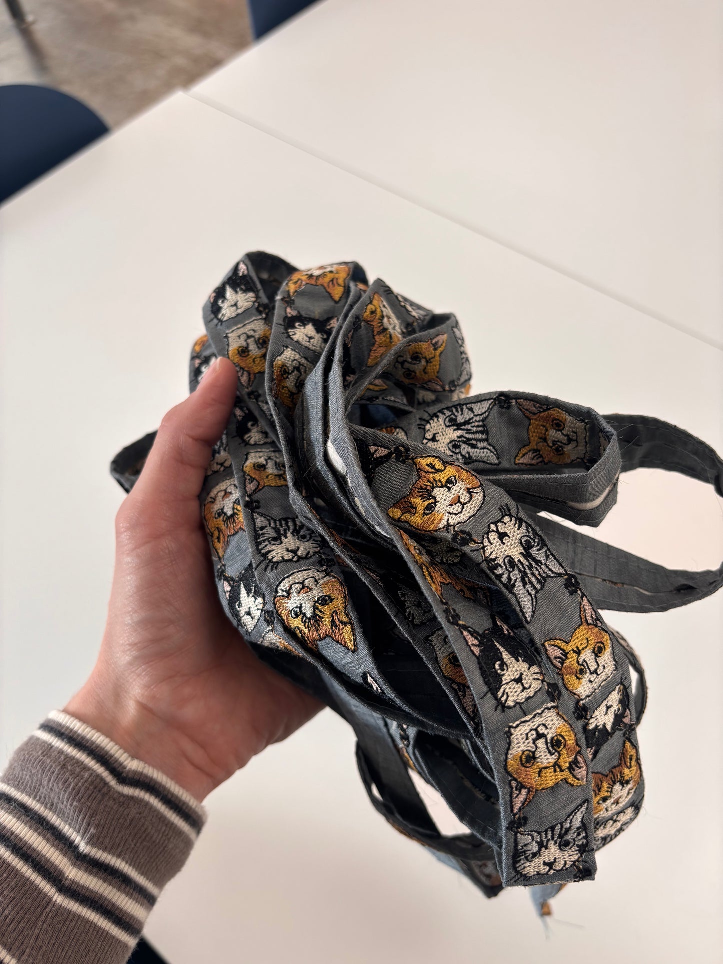 Embroidered Trim - Cat Faces (Grey)