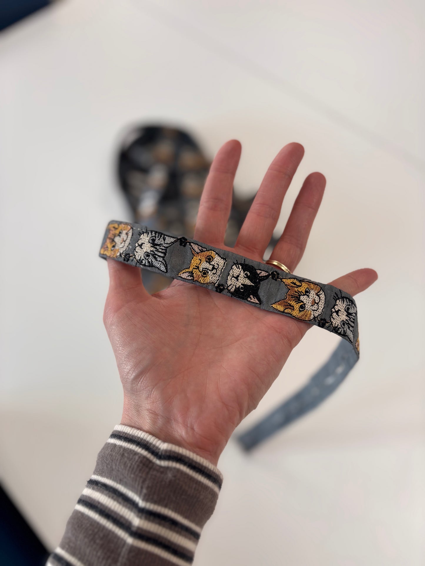 Embroidered Trim - Cat Faces (Grey)