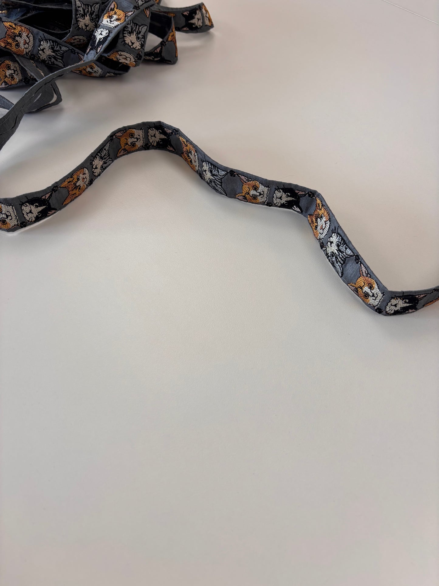 Embroidered Trim - Cat Faces (Grey)