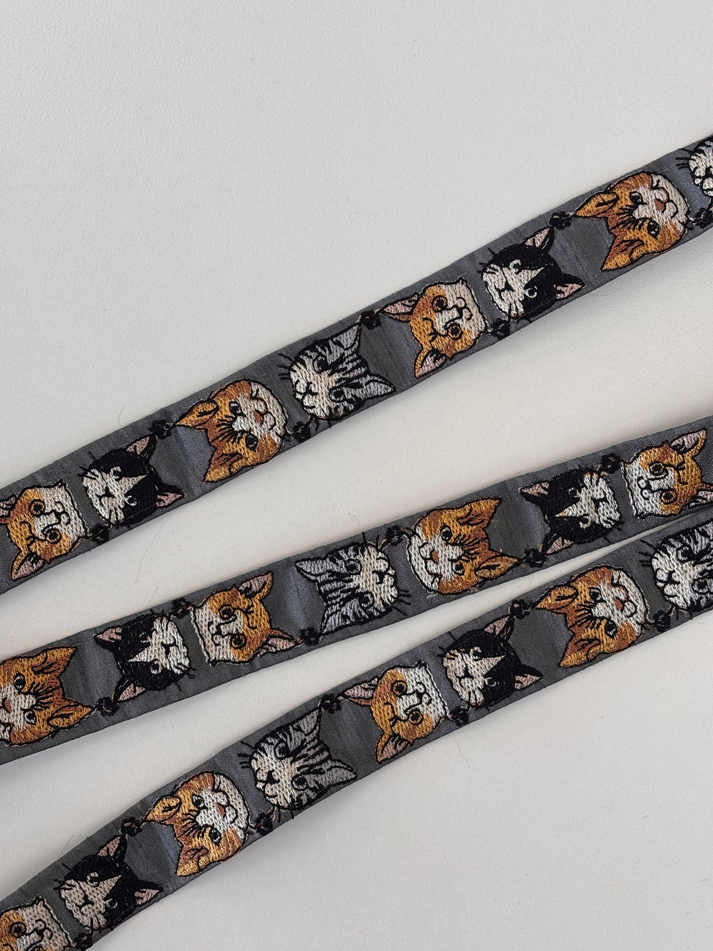 Embroidered Trim - Cat Faces (Grey)