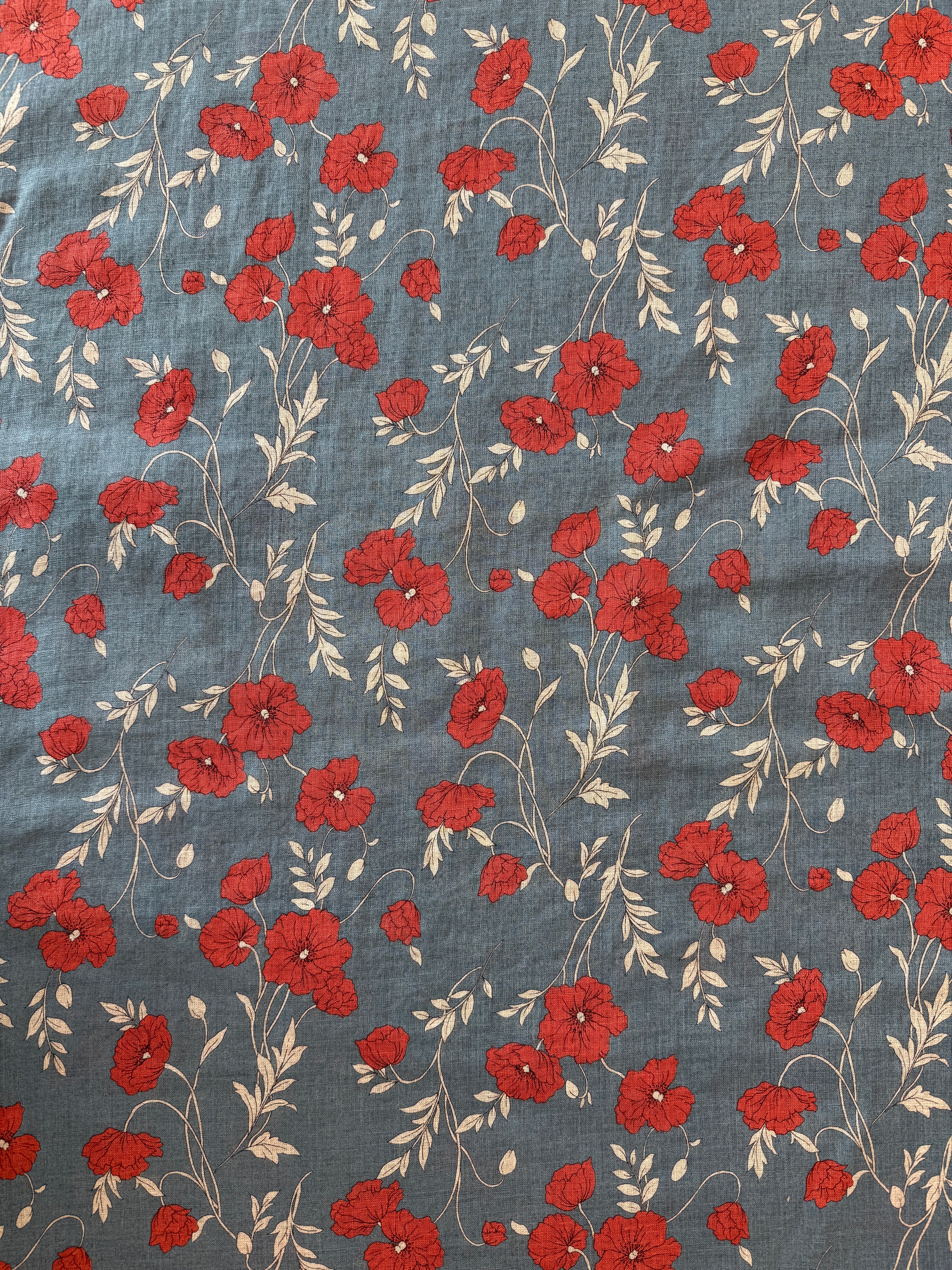 Poppy Linen - Dusty Blue & Red