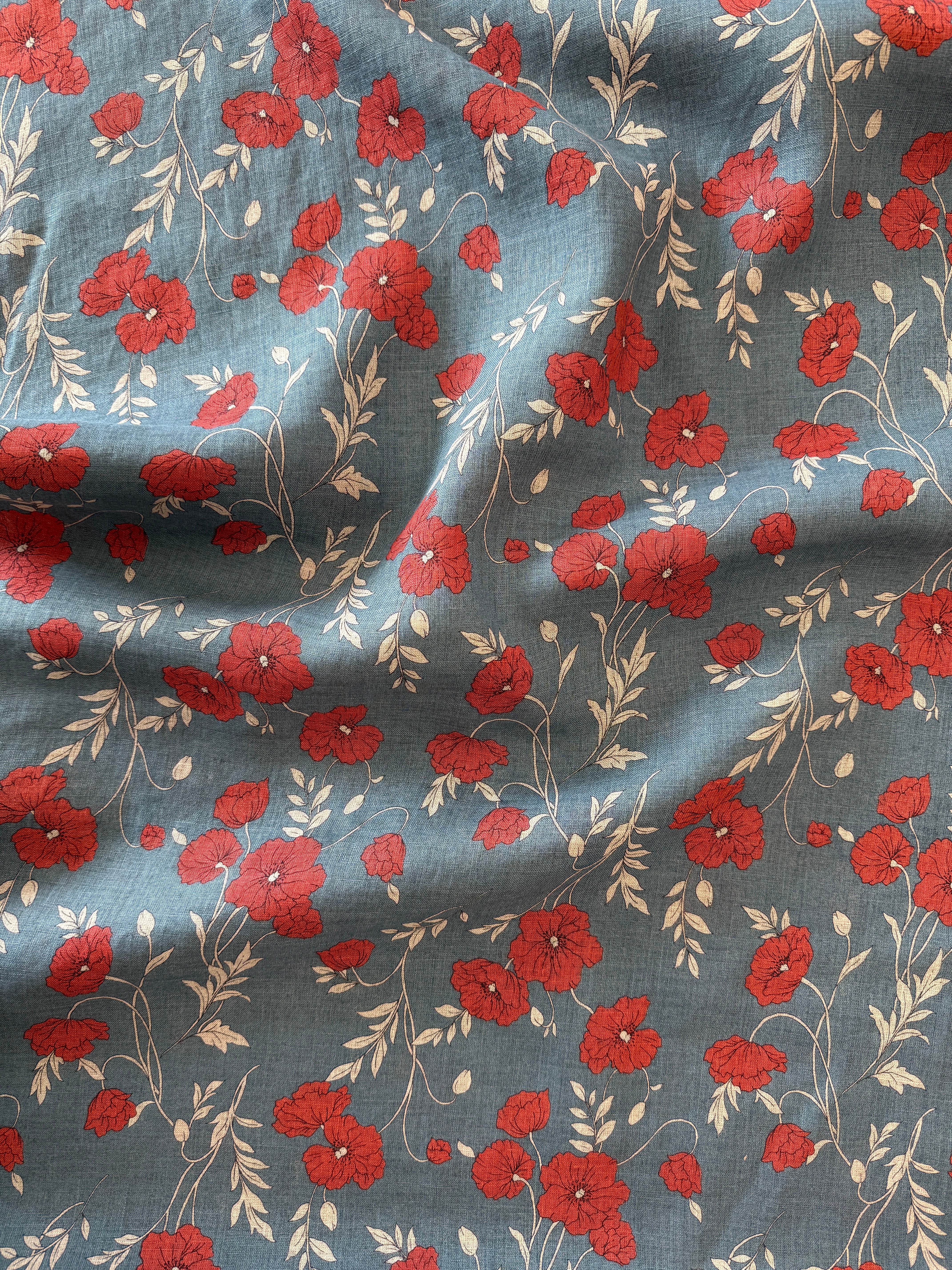 Poppy Linen - Dusty Blue & Red