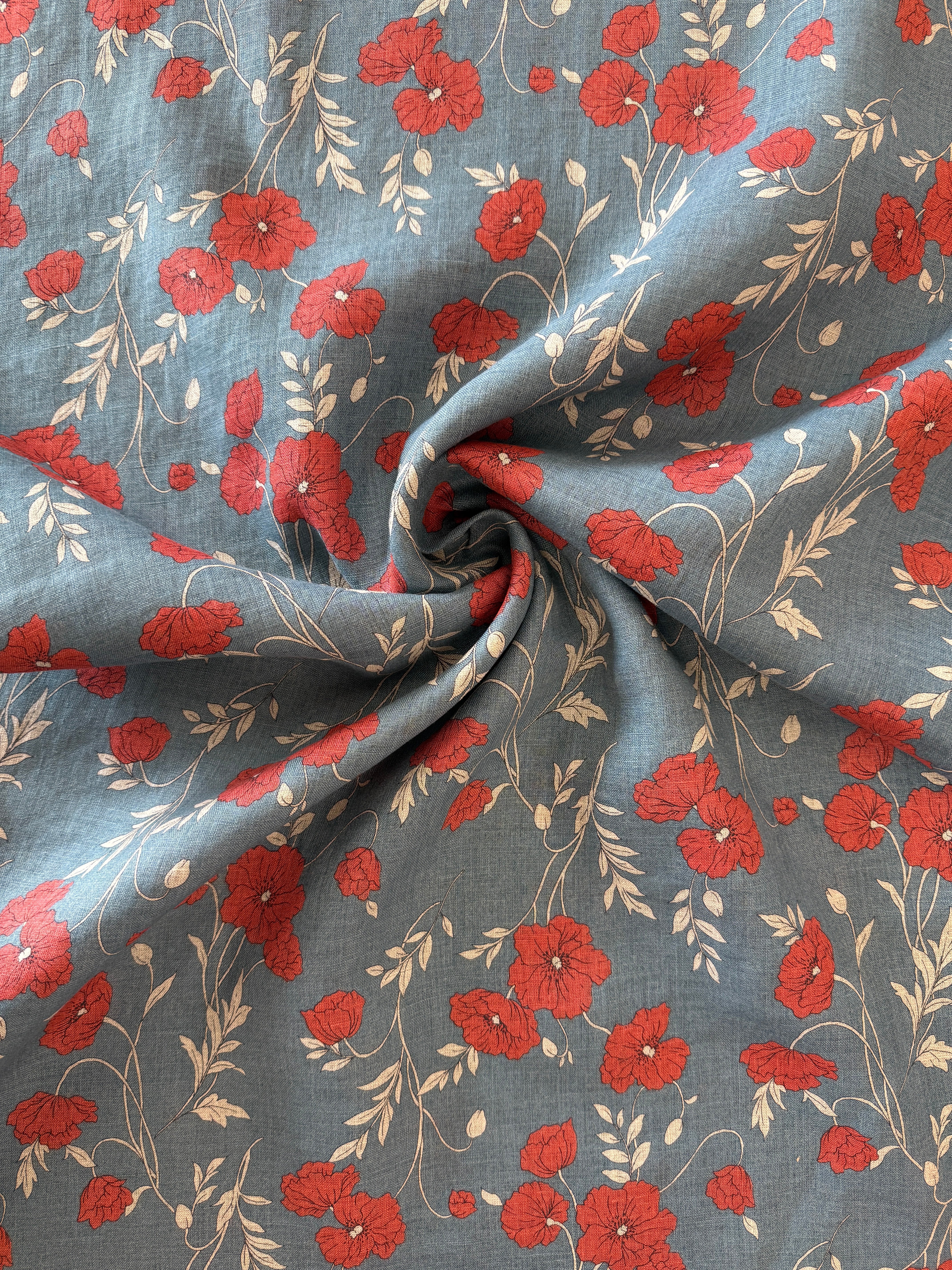 Poppy Linen - Dusty Blue & Red