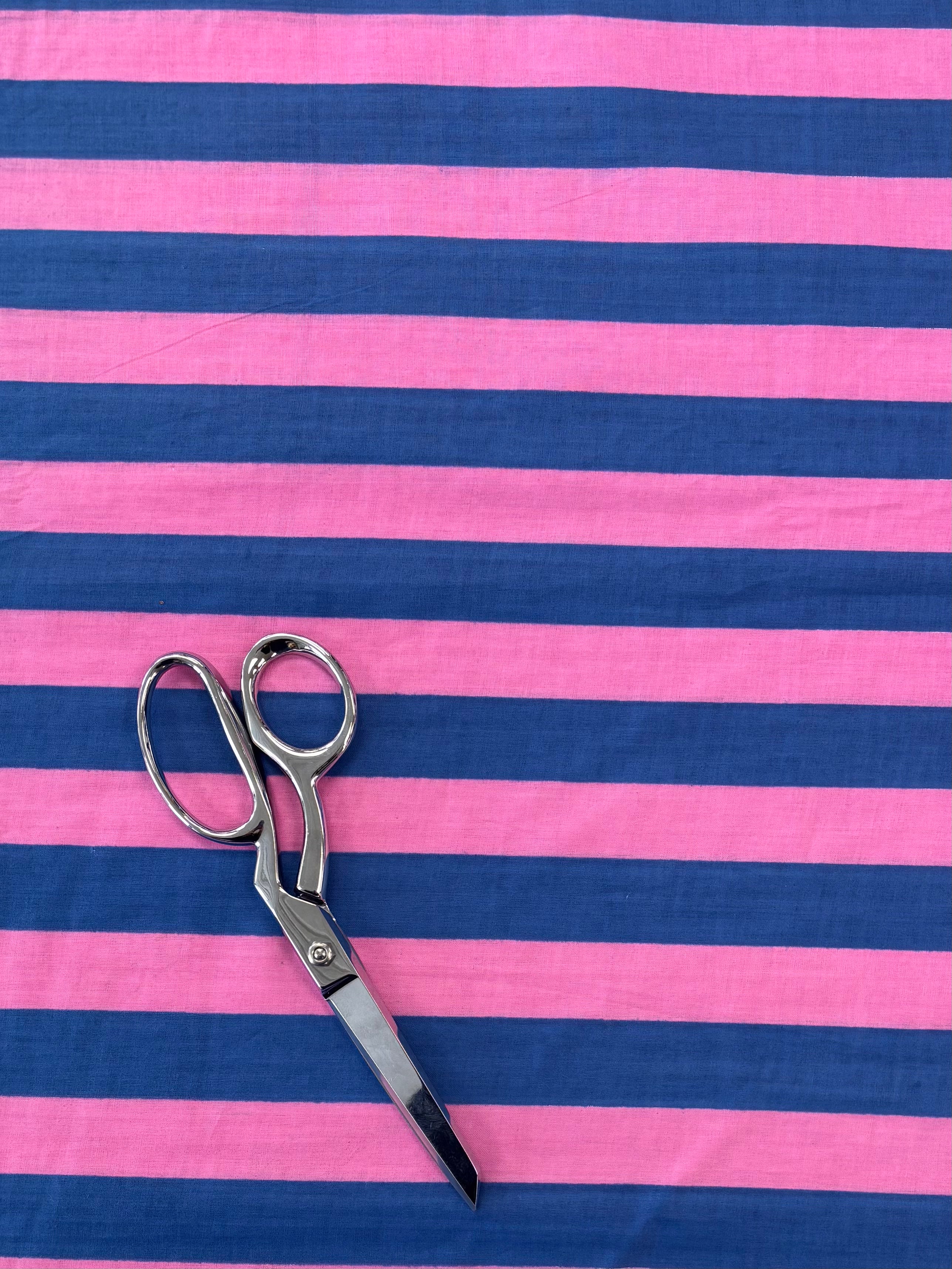 Indian Cotton Screen Print - Blue and Pink Bold Stripe