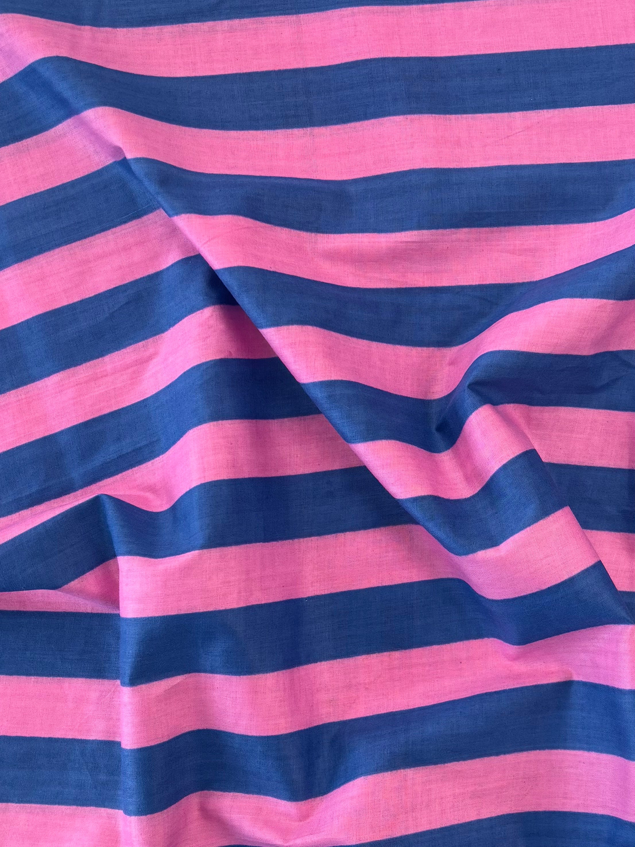 Indian Cotton Screen Print - Blue and Pink Bold Stripe