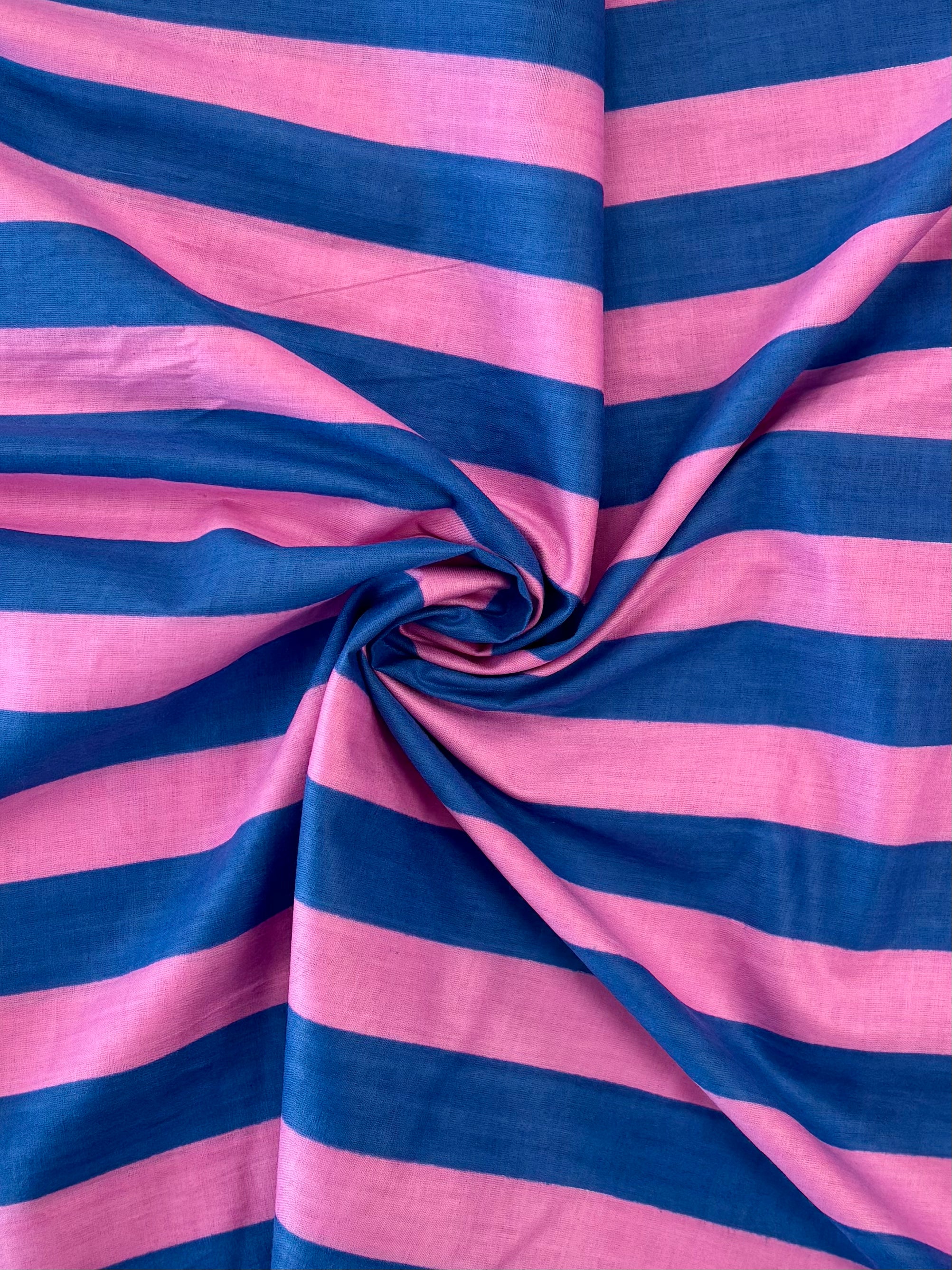 Indian Cotton Screen Print - Blue and Pink Bold Stripe
