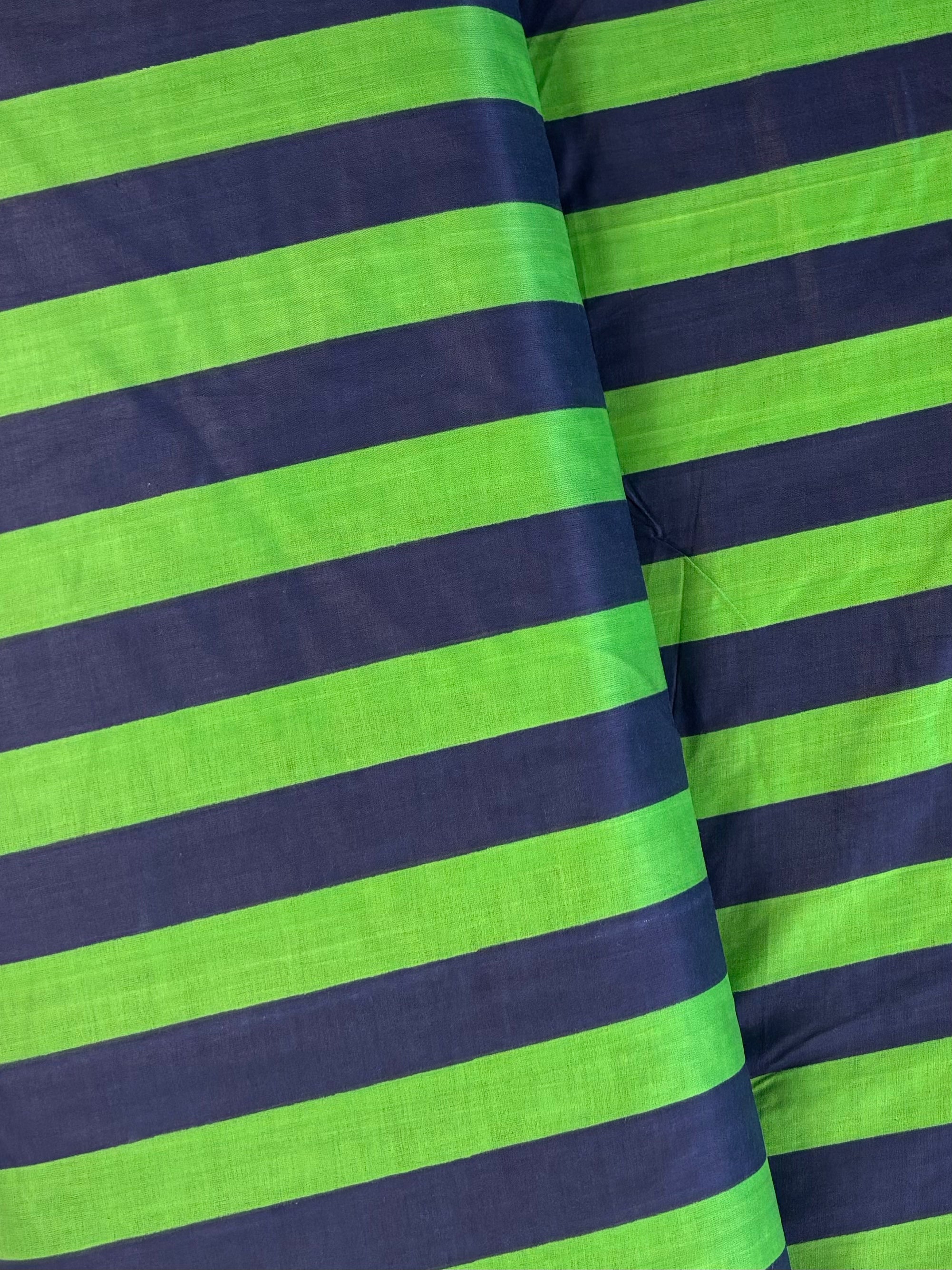 Indian Cotton Screen Print - Blue and Green Bold Stripe