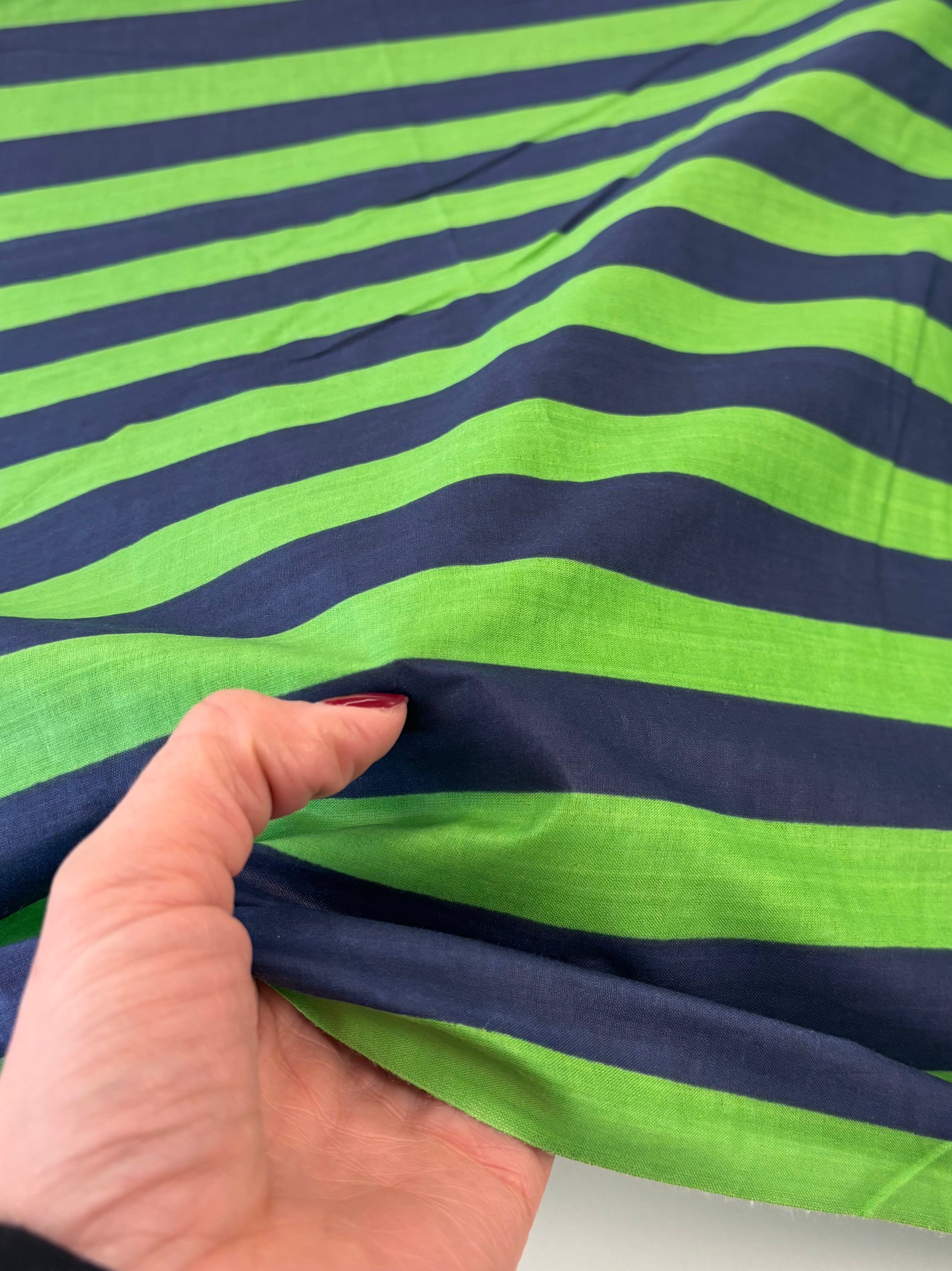Indian Cotton Screen Print - Blue and Green Bold Stripe