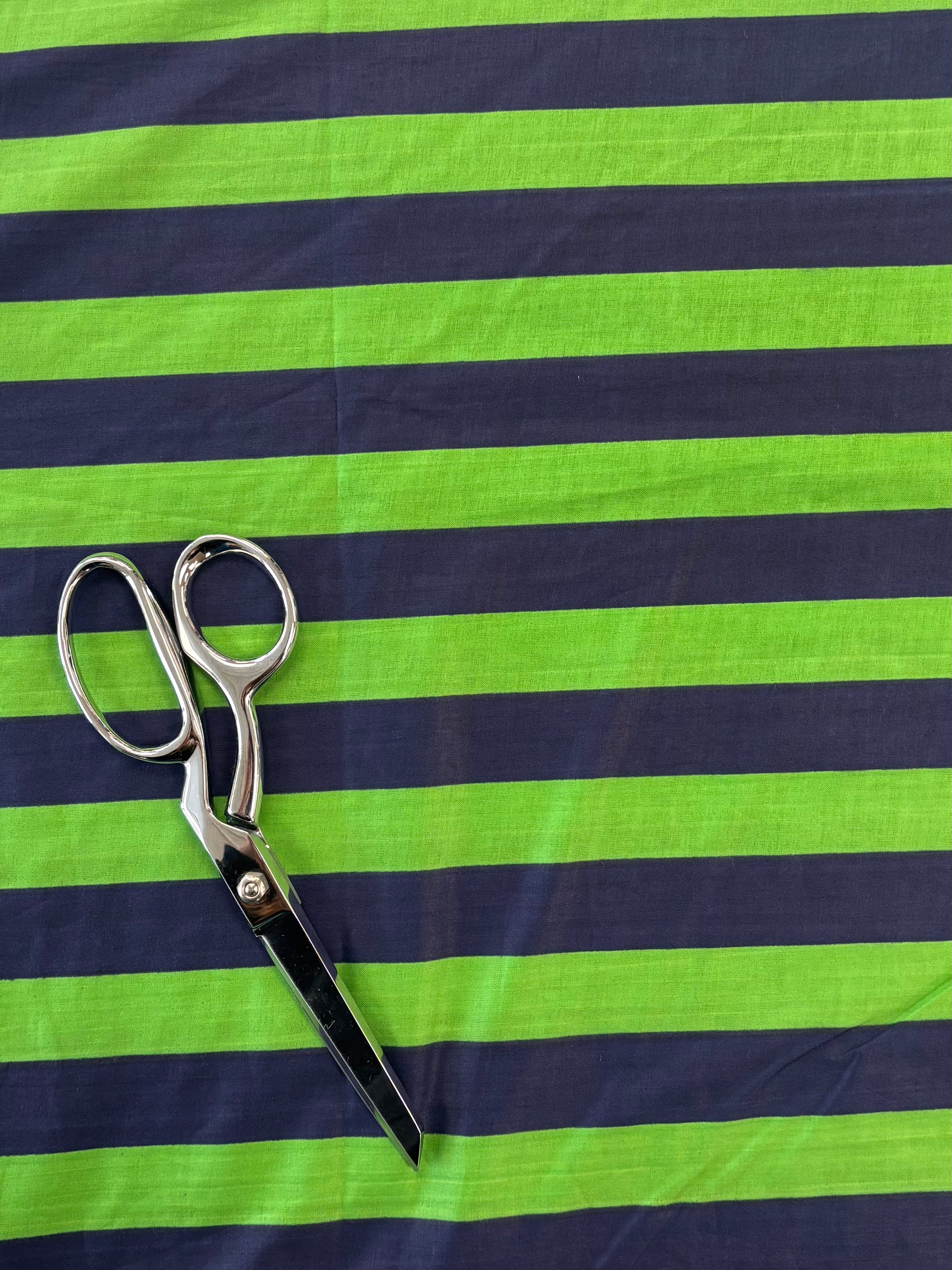 Indian Cotton Screen Print - Blue and Green Bold Stripe