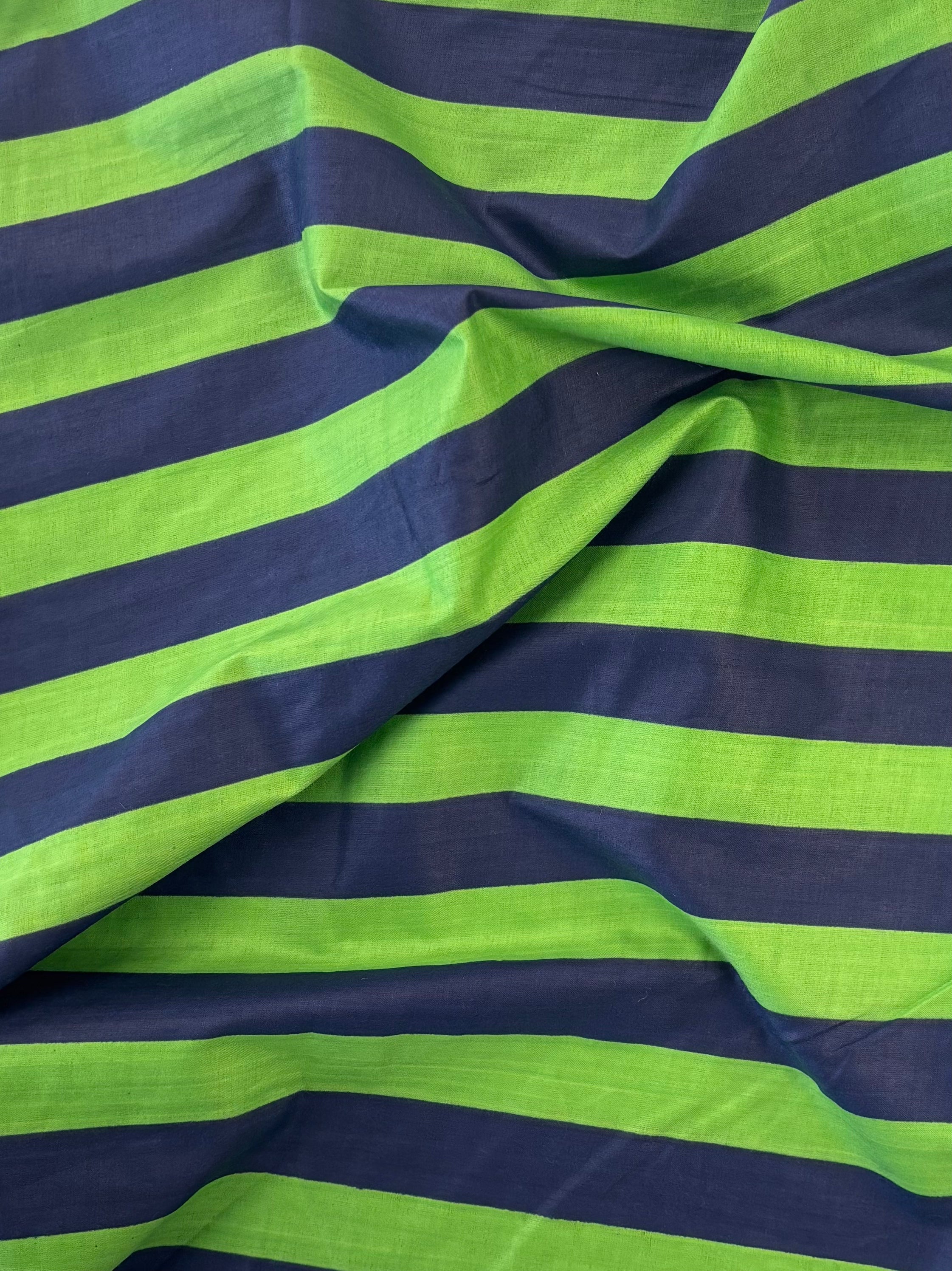 Indian Cotton Screen Print - Blue and Green Bold Stripe