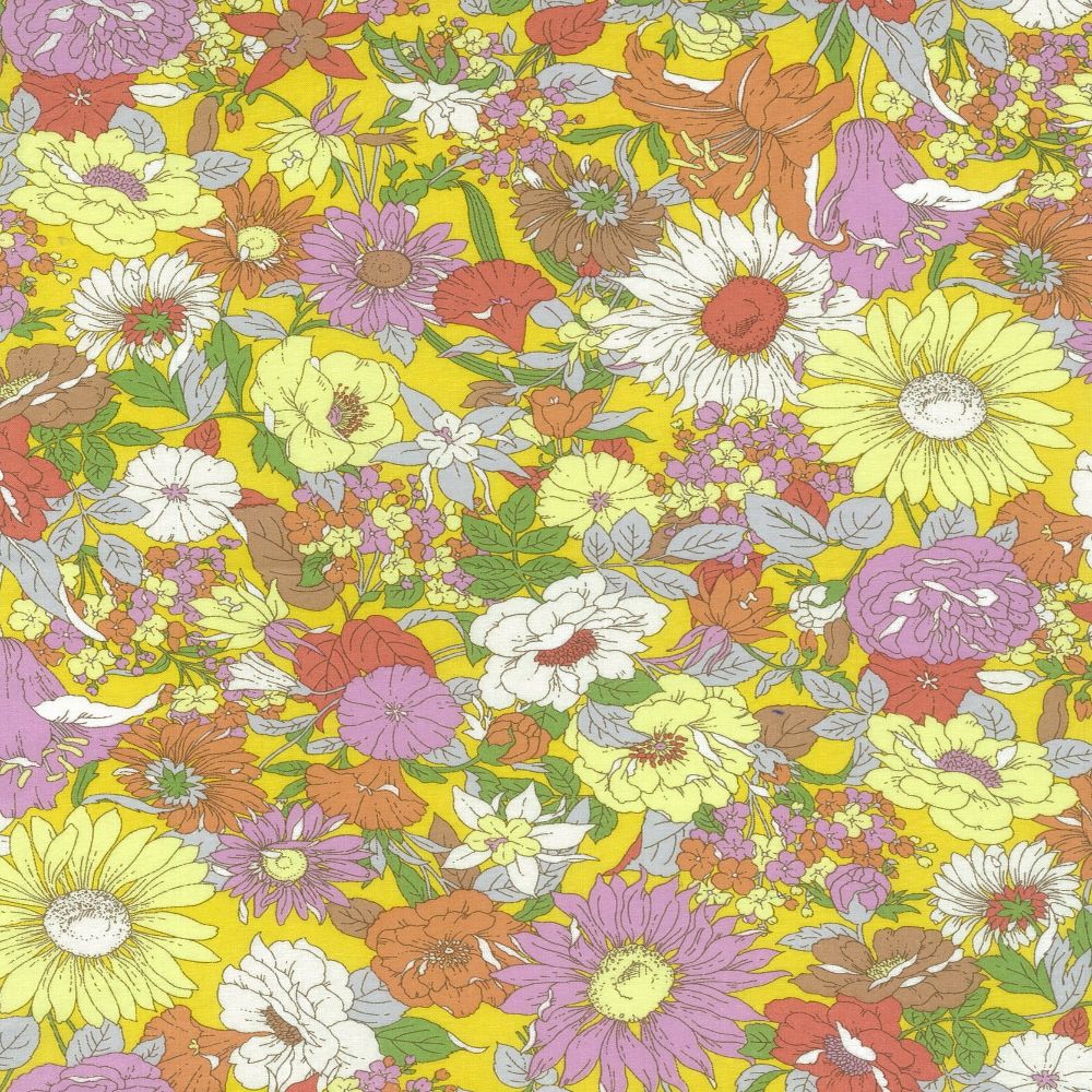 Kokka - Yellow Retro Floral Cotton Lawn