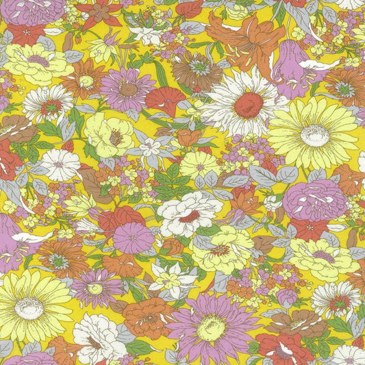 Kokka - Yellow Retro Floral Cotton Lawn