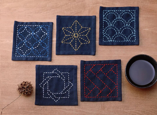 Sashiko Sampler Coasters - Traditional Tsumugi Design (Navy)