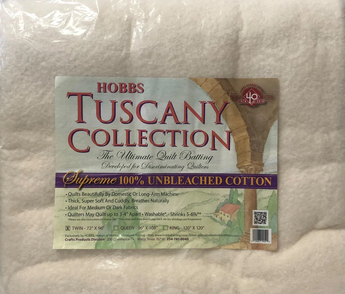Tuscany 100% Cotton Batting - 72in x 96in (Twin Size)
