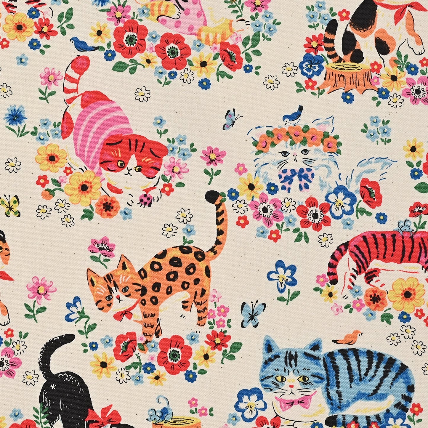 Kokka - Powerful Animal Cats Flower Garden Cotton Oxford (Natural)