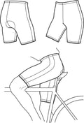 line drawings of front, back, and on a bike of biking shorts.