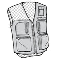 Line drawing of a hunters vest with multiple pockets and a mesh pattern on the back.