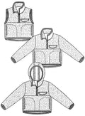 Technical drawing of a jacket, vest, and hoodies with a textured pattern.
