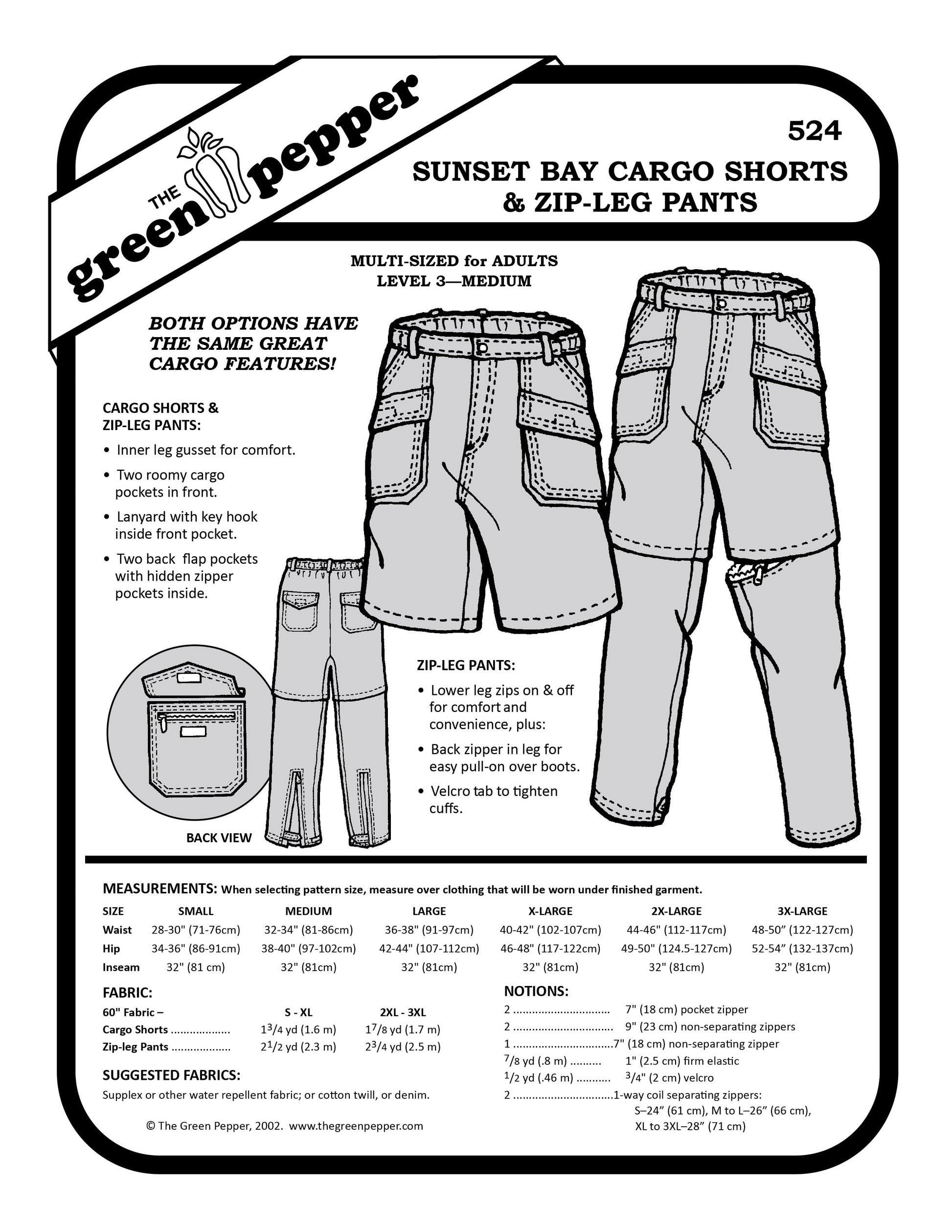 Cover for sewing pattern 524 Sunset Bay Cargo Shorts & Zip-Leg Pants