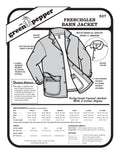 black and white over of frenchglen barn jacket with description of notions and fabrics and sizes.
