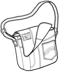 drawing of the courier bag made with upcycled denim jeans
